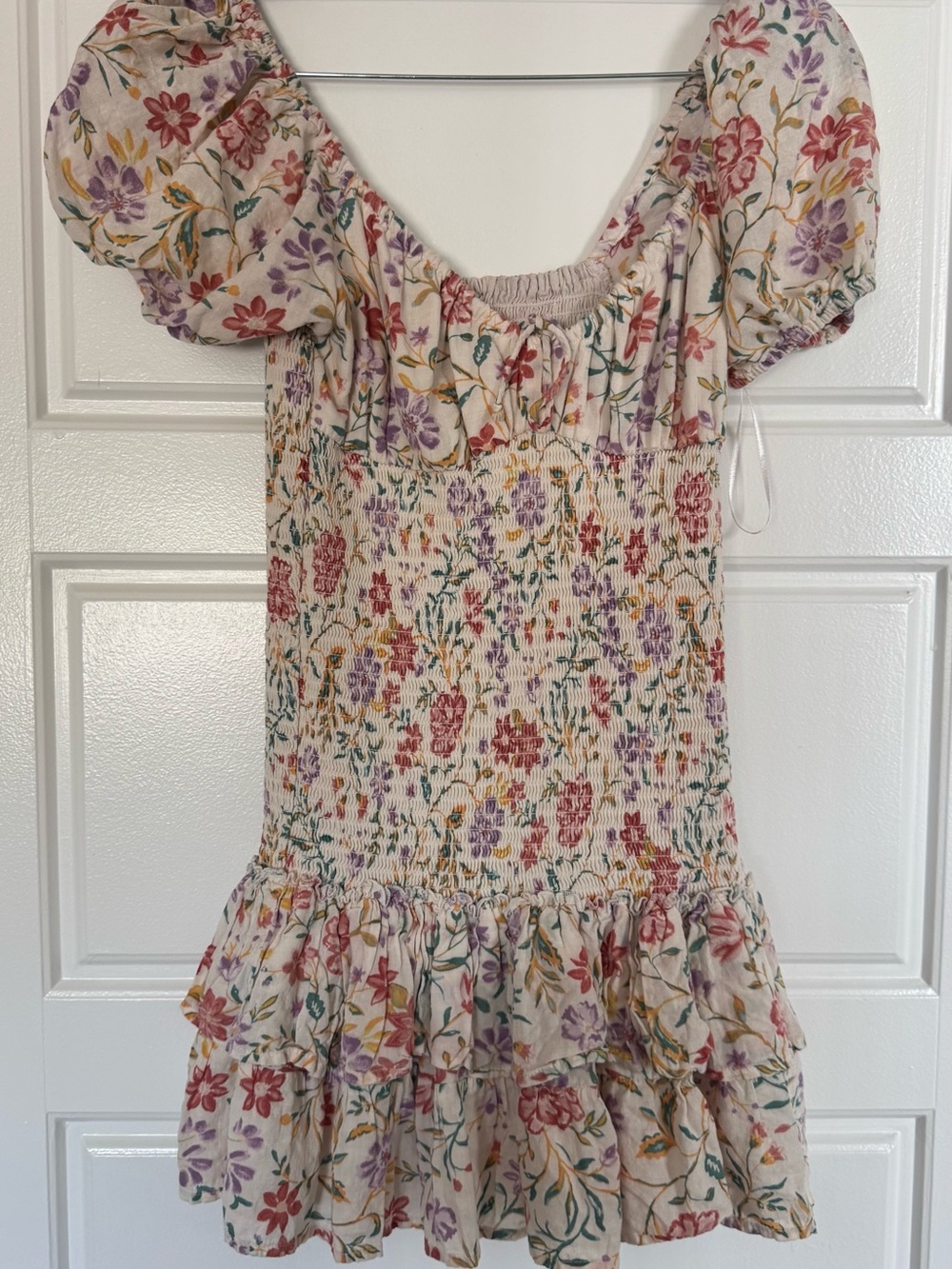 Girls' Floral Smocked Puff-Sleeve Dress - Cream with Multicolor Flowers